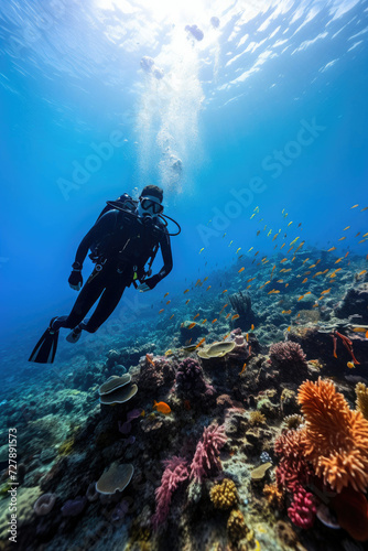 Scuba diver exploring vibrant coral reef with marine life adventure tourism underwater photography travel leisure activity tranquil ocean environment