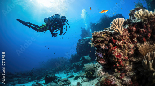 Underwater adventure with scuba diver exploring tranquil coral reef ecosystem showing marine life and biodiversity in an aquatic environment