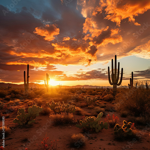 Golden hour sunset over a serene desert landscape with Saguaro cacti travel destination rich in natural beauty and tranquility