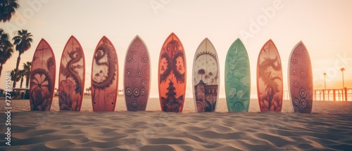 Surfboards on the beach at sunset. Surfboards on the beach. Vacation Concept with Copy Space. Surfboards on the beach. Panoramic banner. vacation concept. 