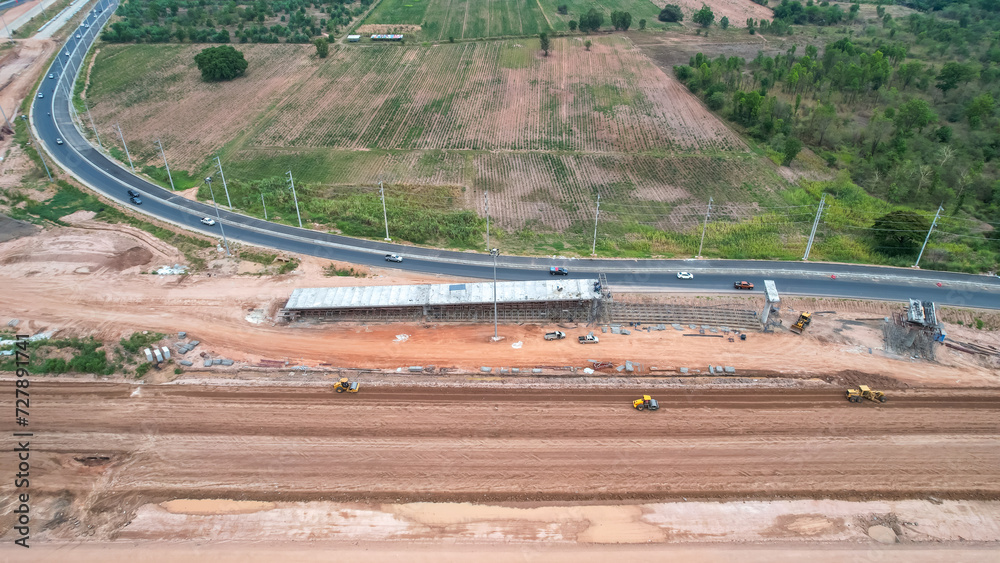View from drone of A large bridge is under construction,Expanding roads outside the city to increase traffic lanes