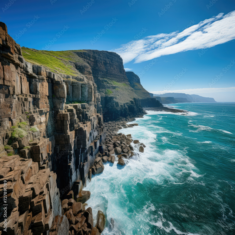 Scenic ocean cliffs under blue sky ideal for travel and tourism industry