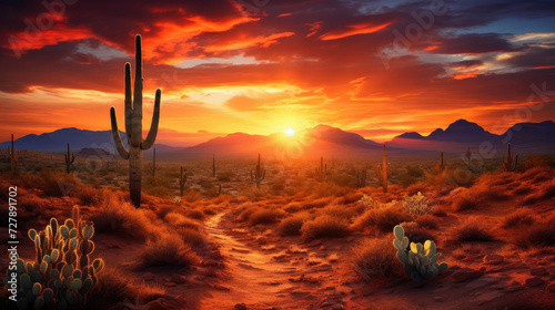 Warm sunset over serene desert landscape with cacti and scenic views ideal for travel and tourism photo