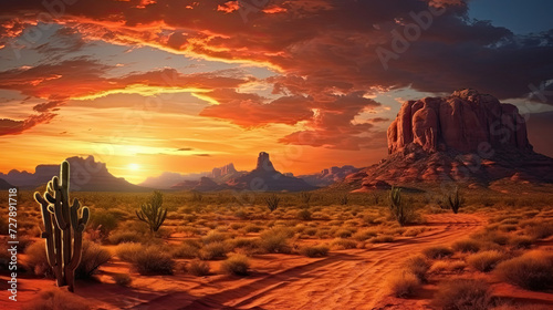 Golden hour sunset over Monument Valley scenic desert landscape ideal for travel and tourism adverts capturing the serene and tranquil atmosphere of the American Southwest