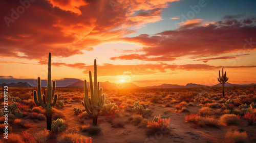 Serene desert landscape at sunset with cacti and vibrant sky promoting travel and tourism