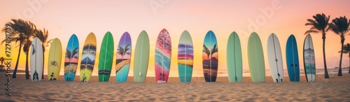 Surfboards on the beach at sunset. Surfboards on the beach. Vacation Concept with Copy Space. Surfboards on the beach. Panoramic banner. vacation concept.  © John Martin