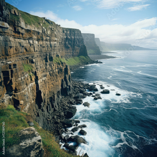 Majestic cliffs along a serene ocean coastline suitable for travel and tourism themes