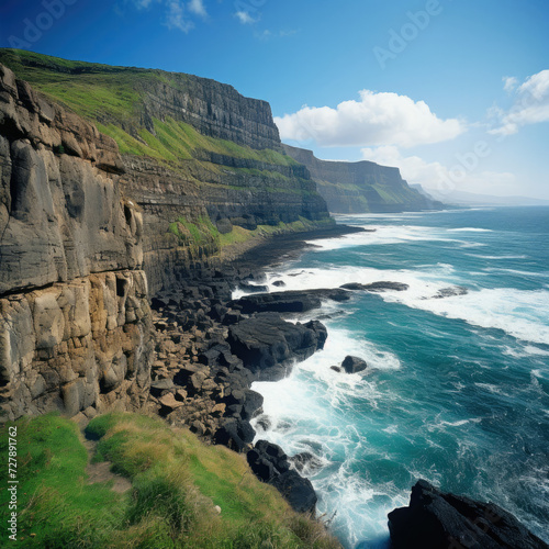 Cliffside panorama with ocean waves and serene blue sky suitable for travel and tourism marketing inspiring adventure and natural beauty