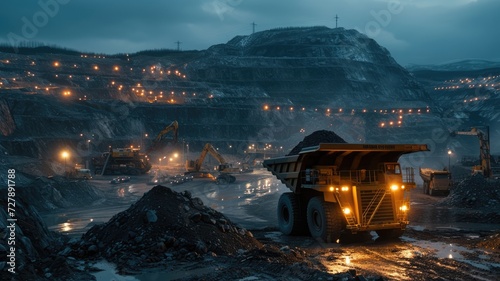 mining engineer  standing and excavator and truck parking on top with mining industry background