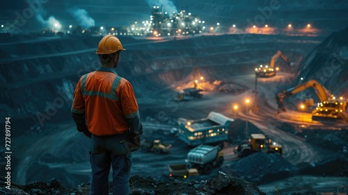 mining engineer standing and excavator and truck parking on top with mining industry background