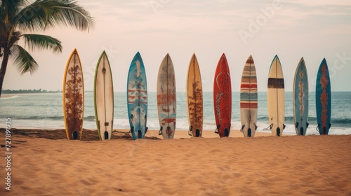 Surfboards on the beach at sunset. Surfboards on the beach. Vacation Concept with Copy Space. Surfboards on the beach. Panoramic banner. vacation concept. 