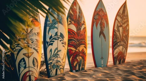 Surfboards on the beach at sunset. Surfboards on the beach. Vacation Concept with Copy Space. Surfboards on the beach. Panoramic banner. vacation concept. 