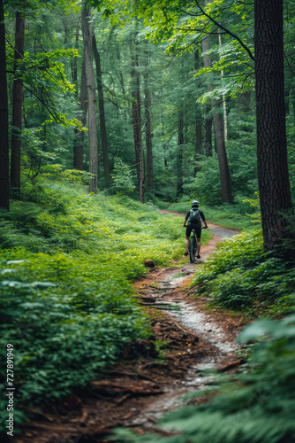 Cyclist on a serene forest trail representing an eco-friendly travel and fitness activity amidst lush greenery