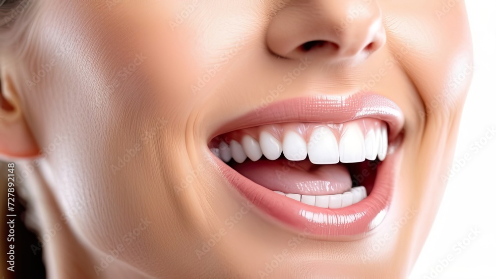 Fototapeta premium Beautiful female smile after teeth whitening procedure. Dental care. Dentistry concept.