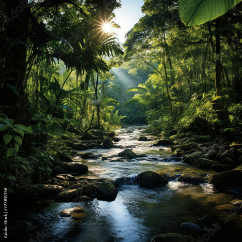 Serene rainforest scene with a river for eco-tourism and conservation themes © Made360