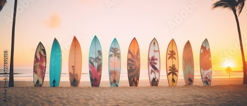 Surfboards on the beach at sunset. Vintage filter effect. Surfboards on the beach. Vacation Concept with Copy Space.