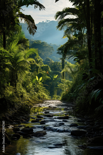 Serene tropical rainforest with a stream for eco-tourism and conservation themes capturing peace tranquility and natural beauty © Made360
