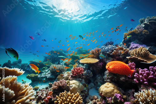 Colorful coral reef with diverse marine life for adventure tourism, conservation education, and snorkeling destinations