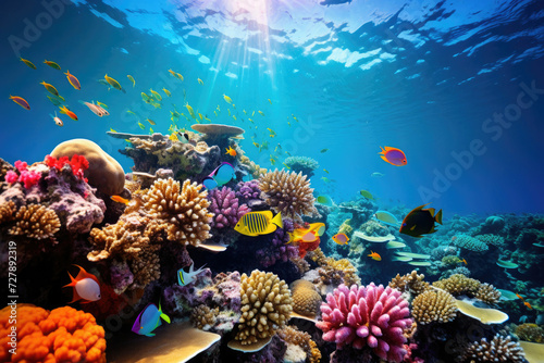 Underwater coral reef bustling with diverse marine life suitable for eco-tourism and educational purposes highlighting beauty and conservation of ocean ecosystems