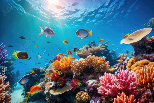 Sunlit coral reef bustling with vibrant tropical fish ideal for eco-tourism and marine conservation education