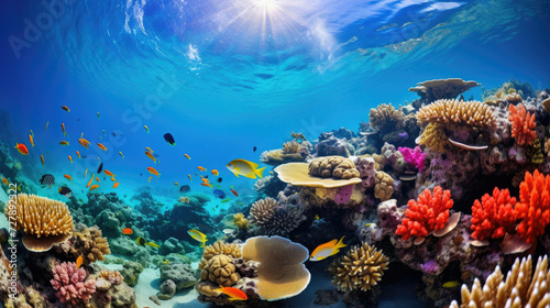 Underwater paradise of a vibrant coral reef bustling with diverse fish and sunlight highlighting the beauty for tourism snorkeling and marine biology education