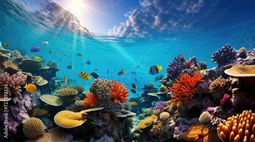 Vibrant underwater scene of coral reef with marine life ideal for ecotourism and environmental conservation themes