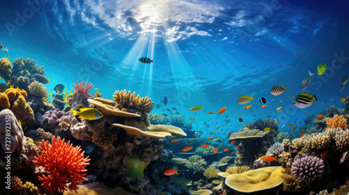 Vibrant underwater scene at a coral reef with diverse marine life and sunlight rays ideal for nature educational content environmental awareness and tourism