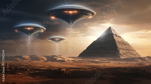 Flying saucer coming out from clouds on pyramids. Neural network AI generated art