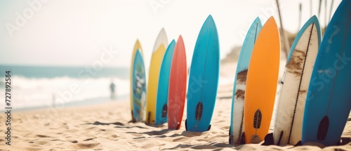 Surfboards on the beach at sunset. Surfboards on the beach. Vacation Concept with Copy Space. Surfboards on the beach. Panoramic banner. vacation concept. 