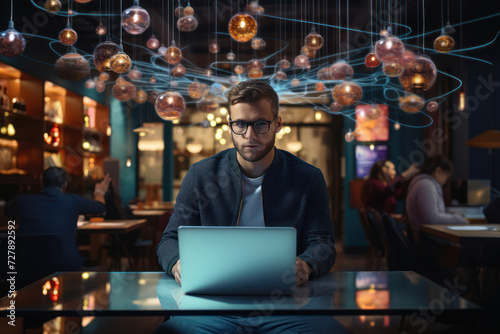 A young entrepreneur typing on a laptop surrounded by digital icons against a tech-inspired background, illustrating the interconnected world of digital business. Generative Ai.