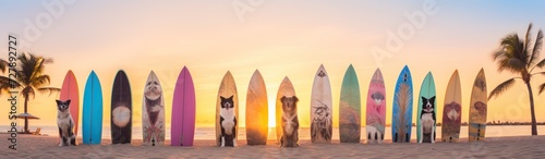 Surfboards on the beach at sunset. Surfboards on the beach. Vacation Concept with Copy Space. Surfboards on the beach. Panoramic banner. vacation concept. 