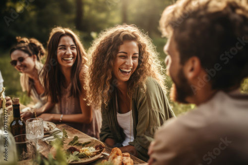 A group of friends engaged in a laughter-filled picnic against a grassy field  capturing the joy and simplicity of shared moments. Concept of communal leisure. Generative Ai.