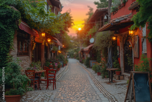 The ancient charm of a European cobblestone street  lined with historic architecture and charming cafes  inviting travelers to step back in time. Concept of historical exploration. Generative Ai.