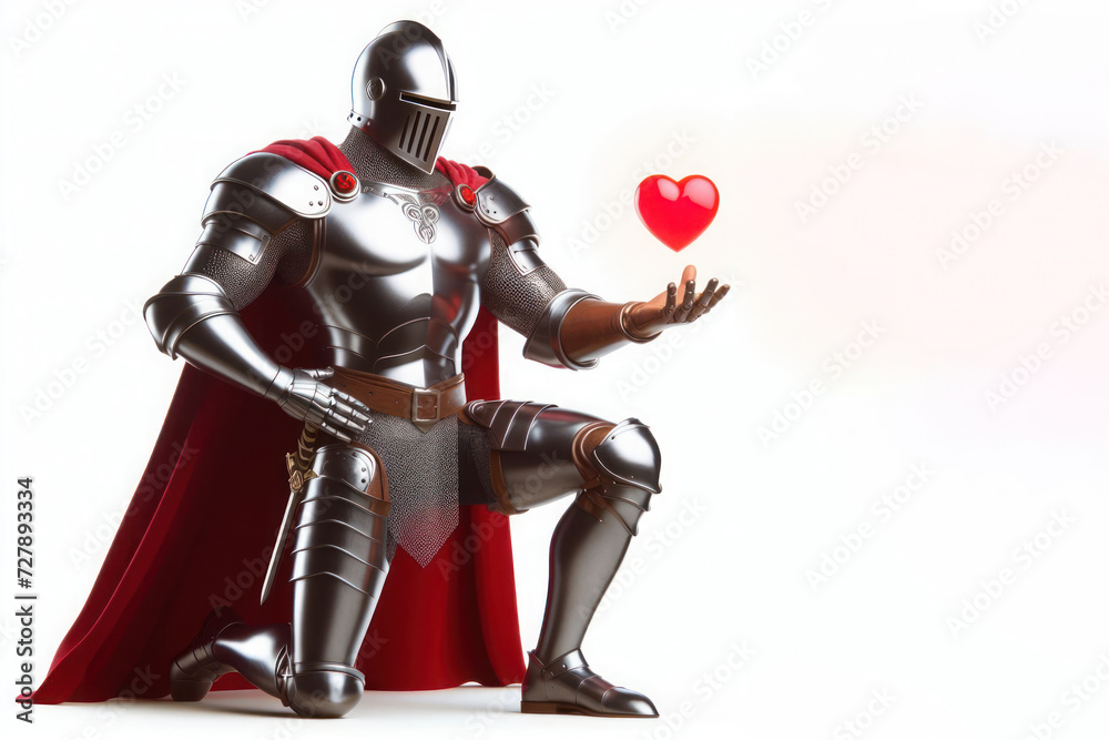 Obraz premium A knight kneeling with a heart in his hands. Space for text.