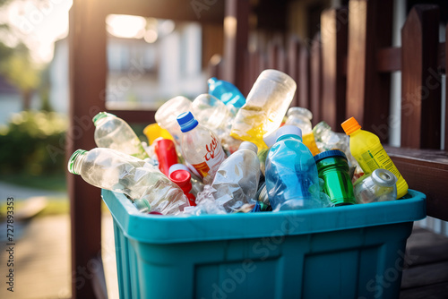 Plastic bottles in a waste bin outside of house. AI Generative