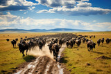 Herd of wildebeests migrating across the African savanna, symbolizing wildlife, adventure, and nature conservation, suitable for travel and eco-tourism promotion