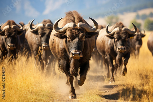 African buffalo herd stampeding through the savannah depicting wildlife power movement conservation and safari travel