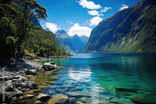 Serene lake and mountains with clear water perfect for travel and eco-tourism advertising in New Zealand © Made360