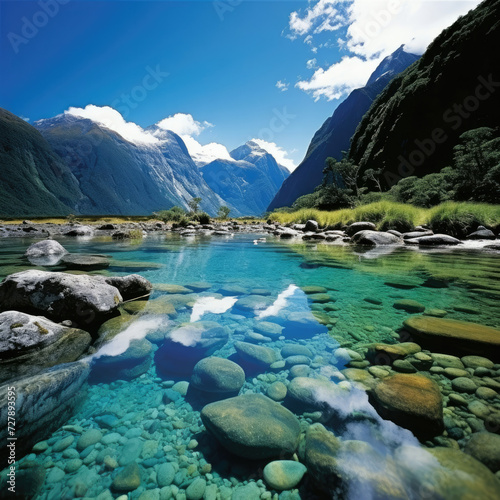 Serene New Zealand river landscape in Milford Sound perfect for tourism and travel publications