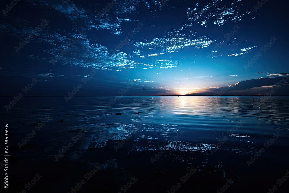 Serene ocean sunset with tranquil blue hues perfect for meditation backdrop and travel industry