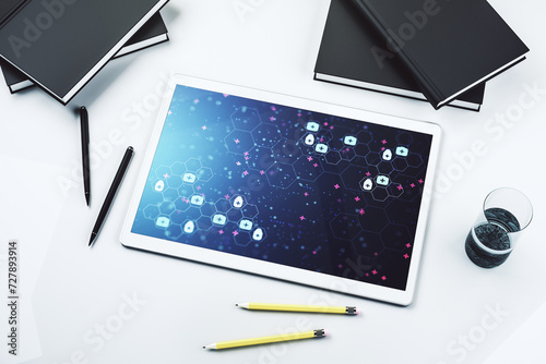 Creative abstract medical hologram on modern digital tablet display, online medical consulting concept. Top view. 3D Rendering