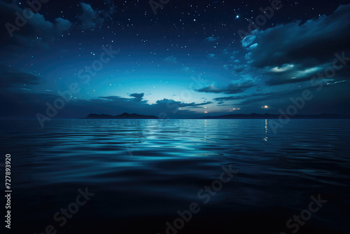 Serene twilight seascape with starry sky reflecting on calm ocean suited for relaxation or nature themes