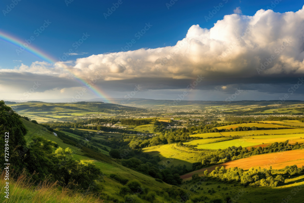 Peaceful countryside landscape with vibrant double rainbow over green hills scenic tourism and agriculture