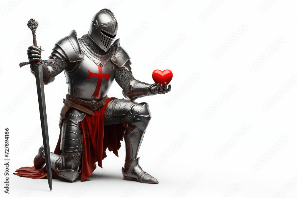 The valiant knight is on his knees with his heart in his hands. Space for text.