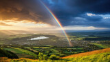 Rainbow over a quaint town at sunset evoking peace and beauty in a scenic landscape perfect for travel and tourism