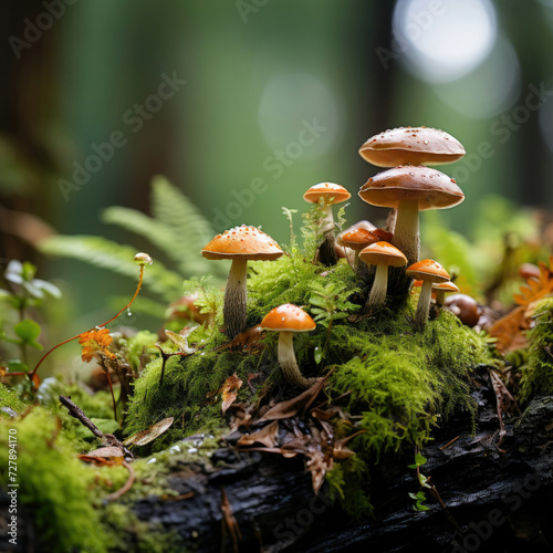 A serene cluster of wild mushrooms thriving on moss-covered forest log suggesting a theme of natural growth and tranquil wilderness suitable for ecological or environmental content