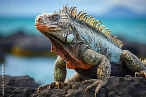 Close-up of a vibrant iguana basking on rocks suitable for nature themes and wildlife conservation educational material