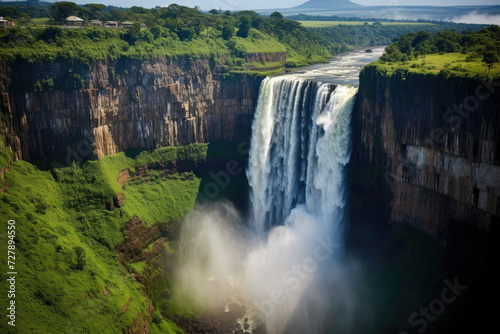 Majestic waterfall surrounded by lush green cliffs and mist capturing the essence of natural beauty and awe-inspiring grandeur ideal for tourism and travel