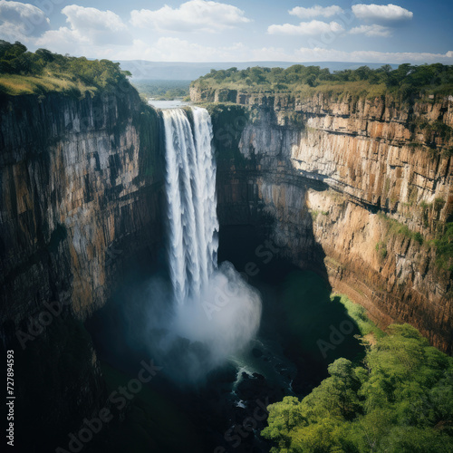 Majestic waterfall cascading into a deep chasm surrounded by cliffs and lush greenery perfect for travel and nature-related industries