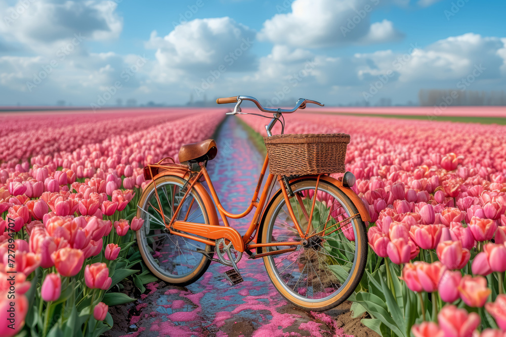 A leisurely bike ride through the tulip fields, where vibrant blooms create a sea of color stretching to the horizon. Concept of floral landscapes. Generative Ai.